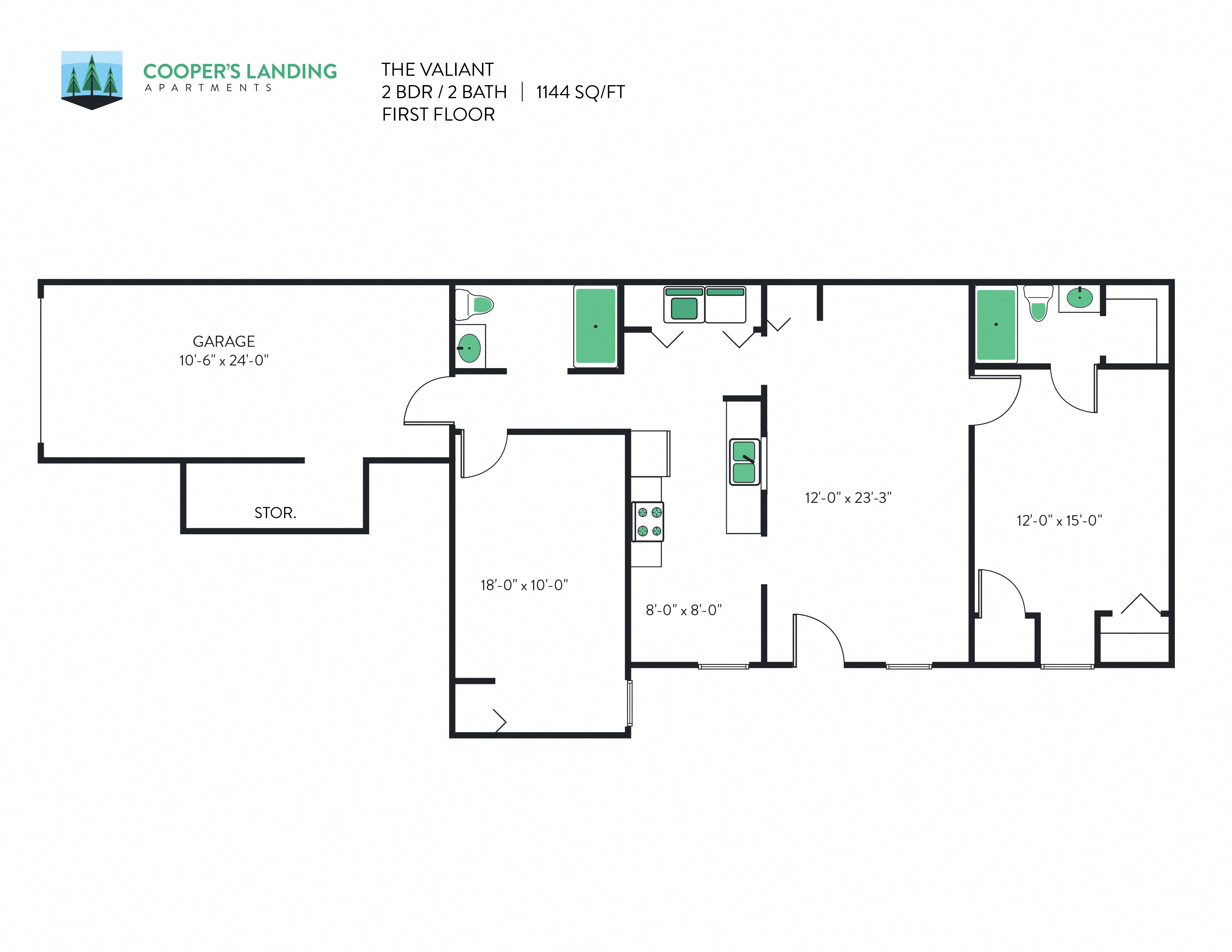 Floor plan for 2 beds, 2 baths, 1144 sqft